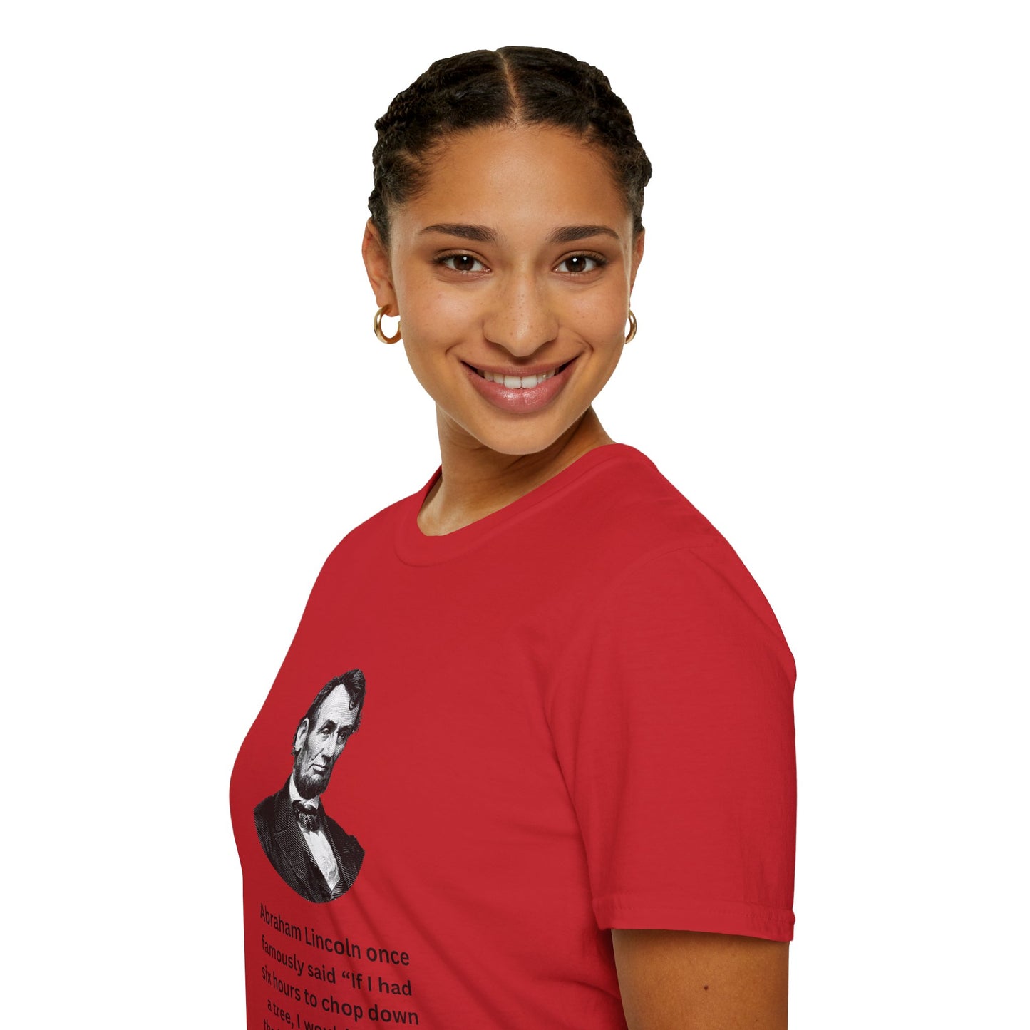 Woman wearing red Abraham Lincoln gambling shirt with humorous quote