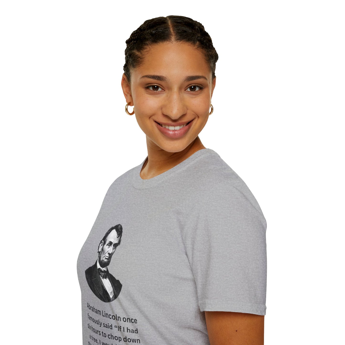 Woman modeling grey Lincoln quote t-shirt with vintage-style design
