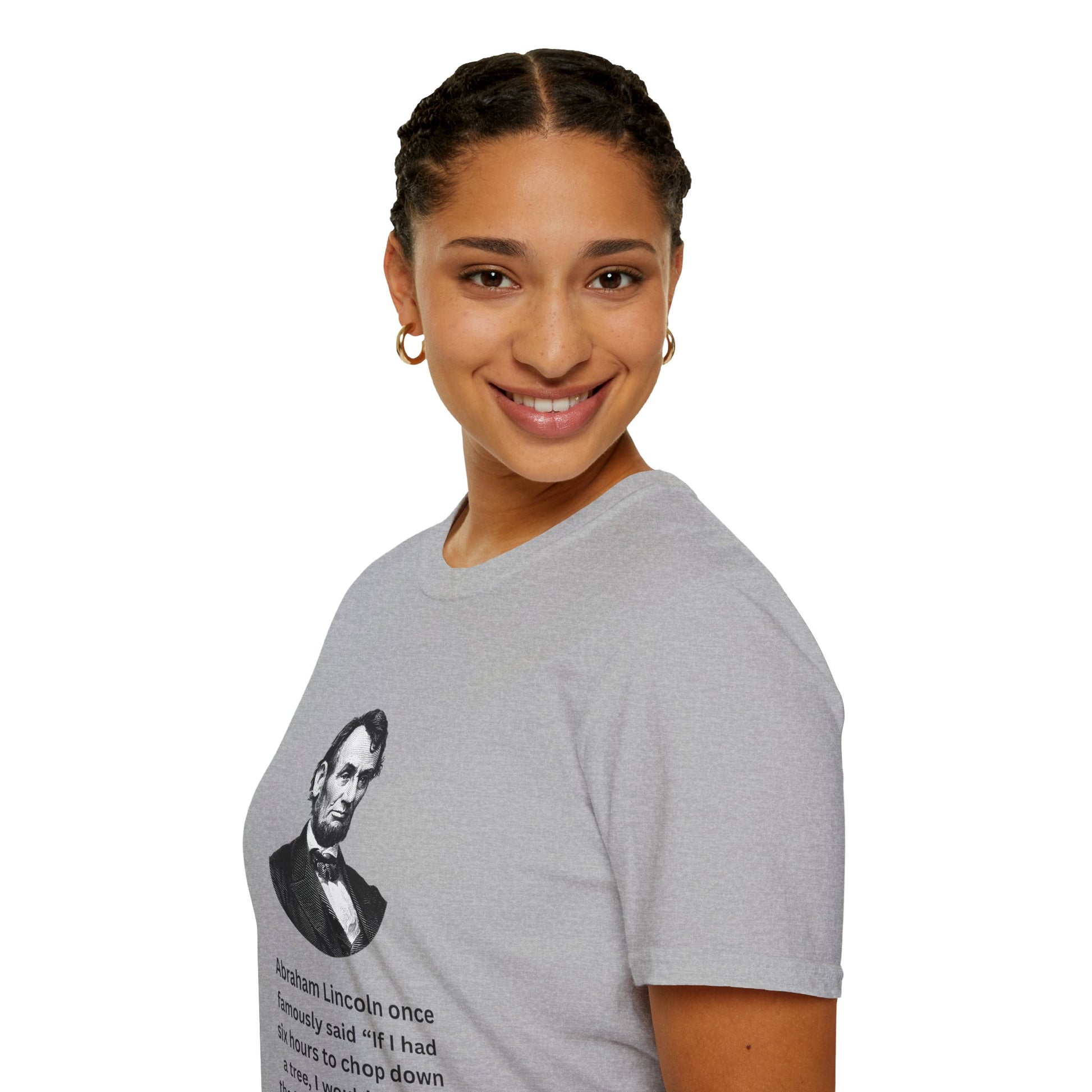 Woman modeling grey Lincoln quote t-shirt with vintage-style design