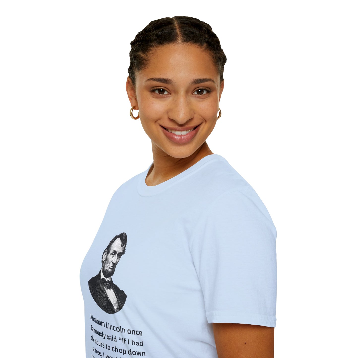 Woman modeling blue Abraham Lincoln gambling t-shirt with bold design
