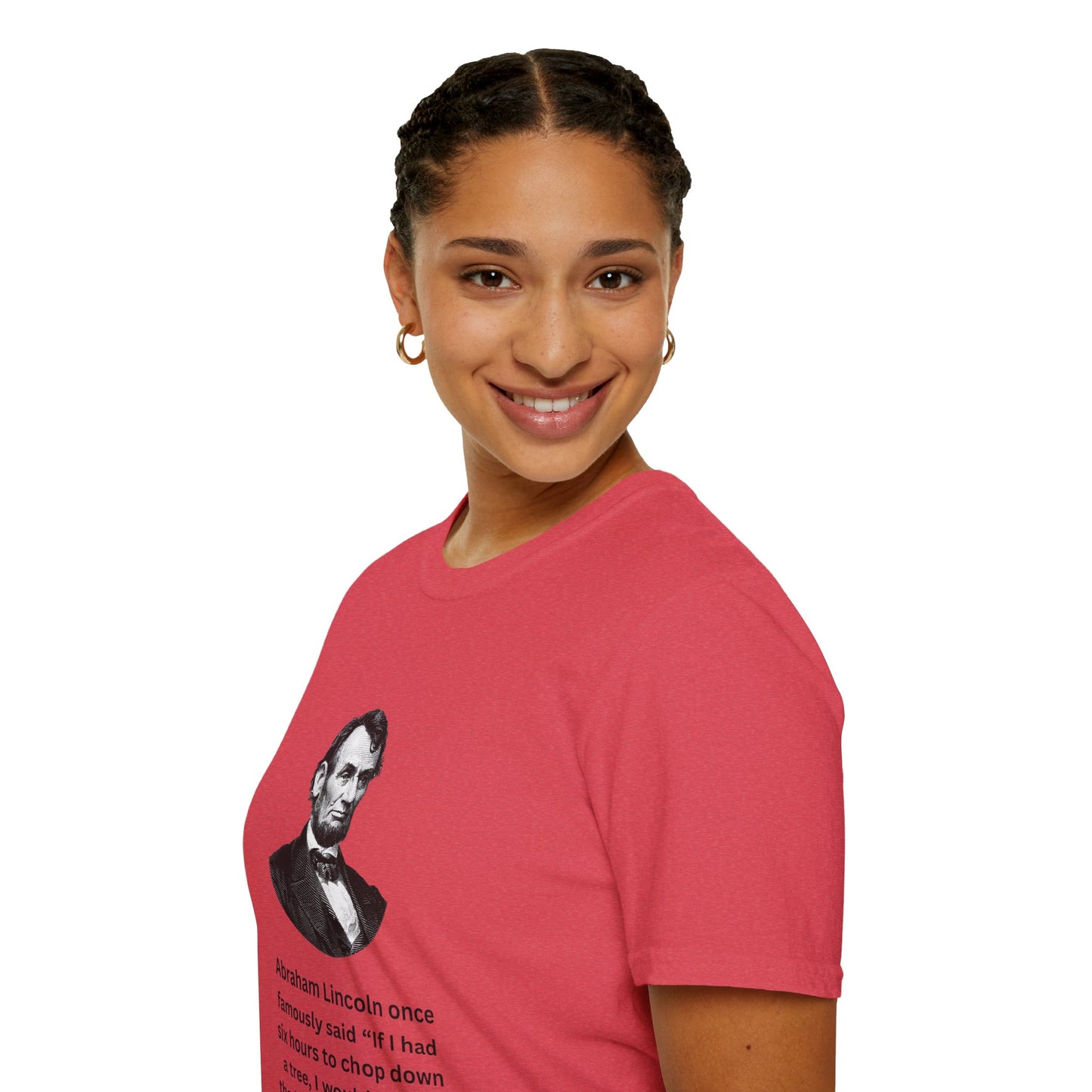 Woman wearing red Abraham Lincoln gambling shirt with humorous quote.