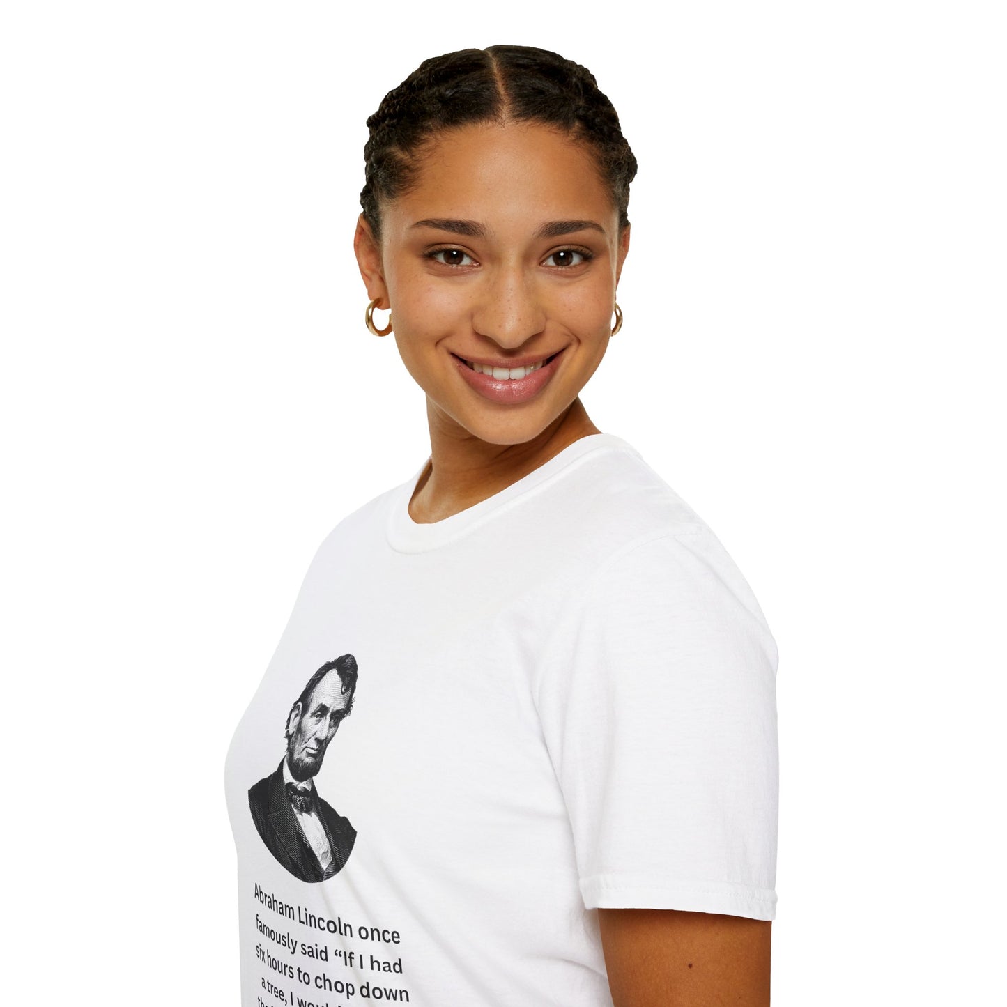 Woman wearing white shirt with Abraham Lincoln gambling quote in casual setting