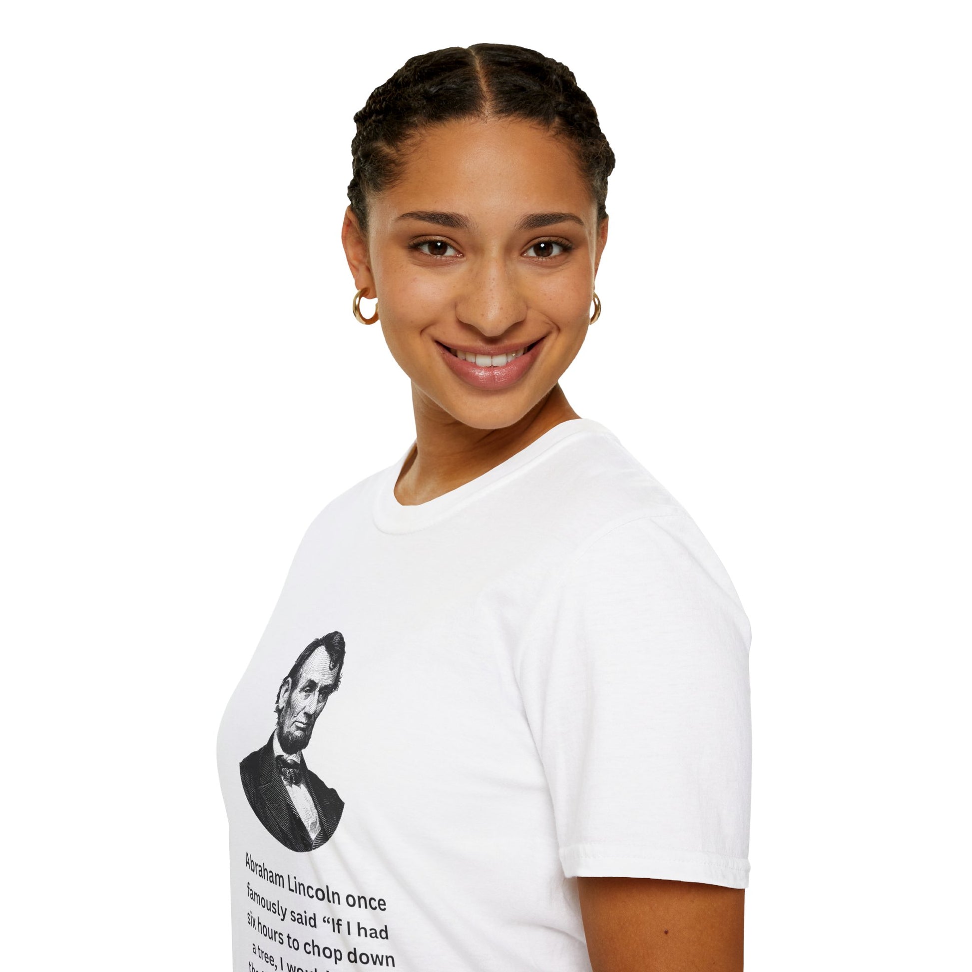 Woman wearing white shirt with Abraham Lincoln gambling quote in casual setting
