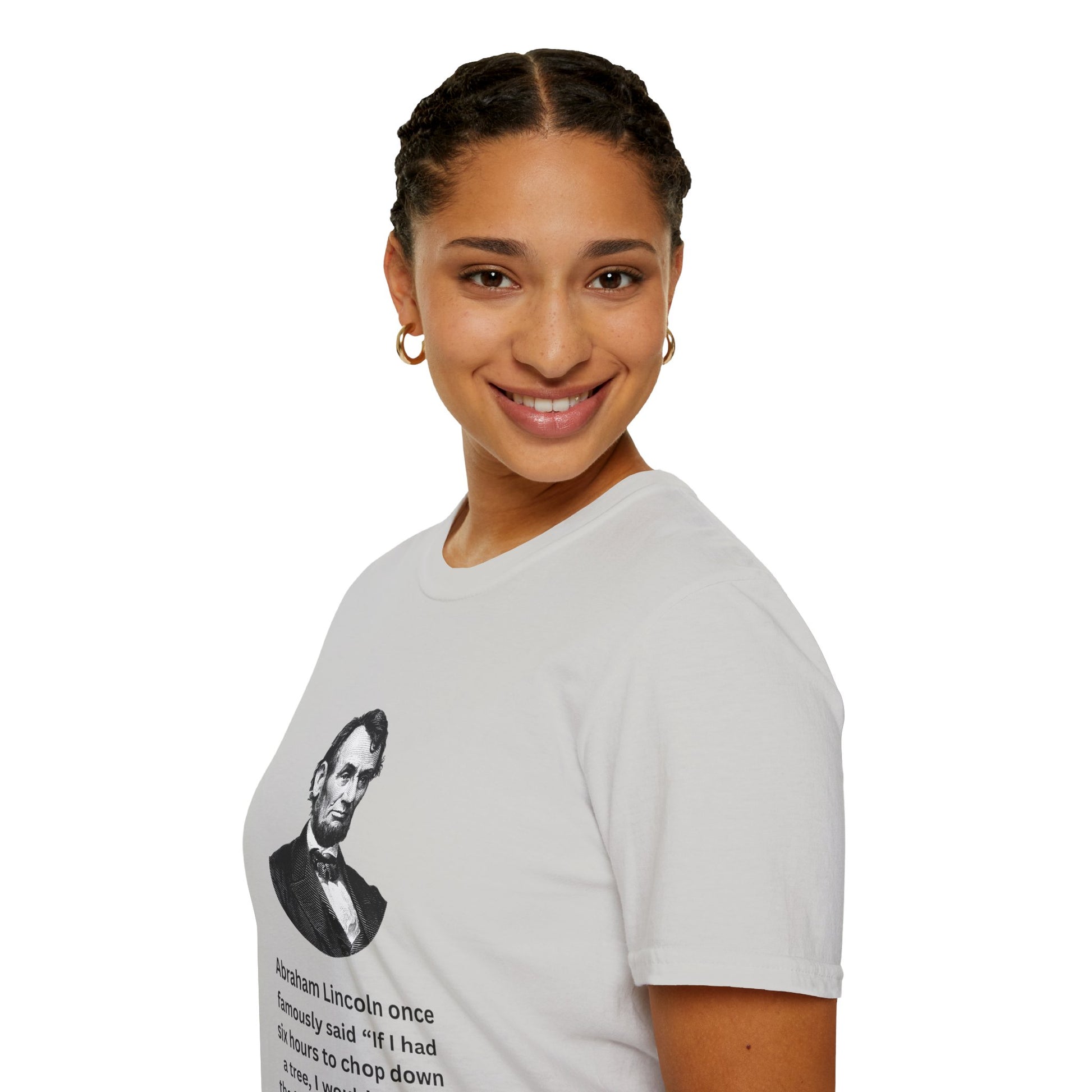 Woman modeling grey Lincoln quote t-shirt with vintage-style design