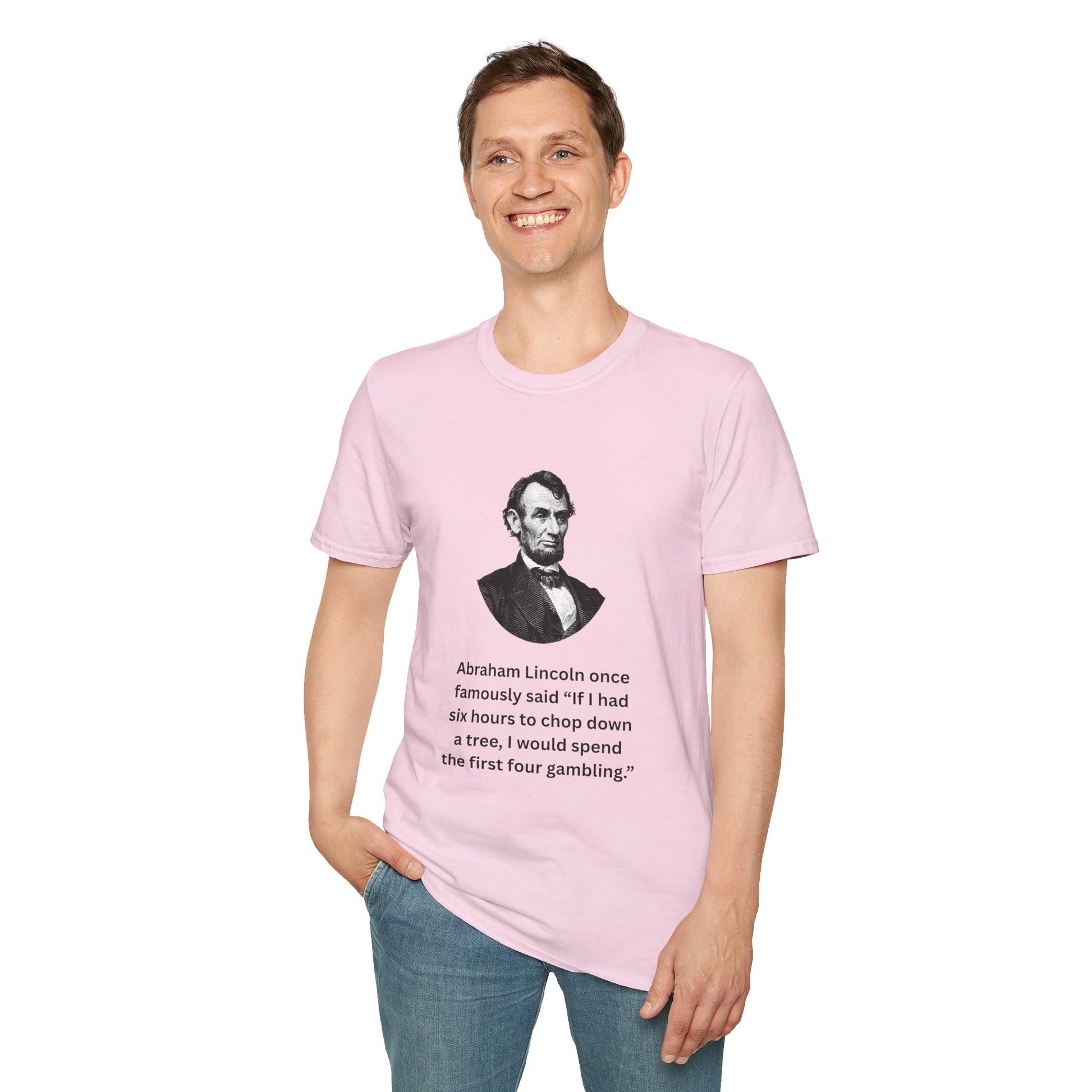 Man wearing pink novelty Abraham Lincoln shirt with witty quote.