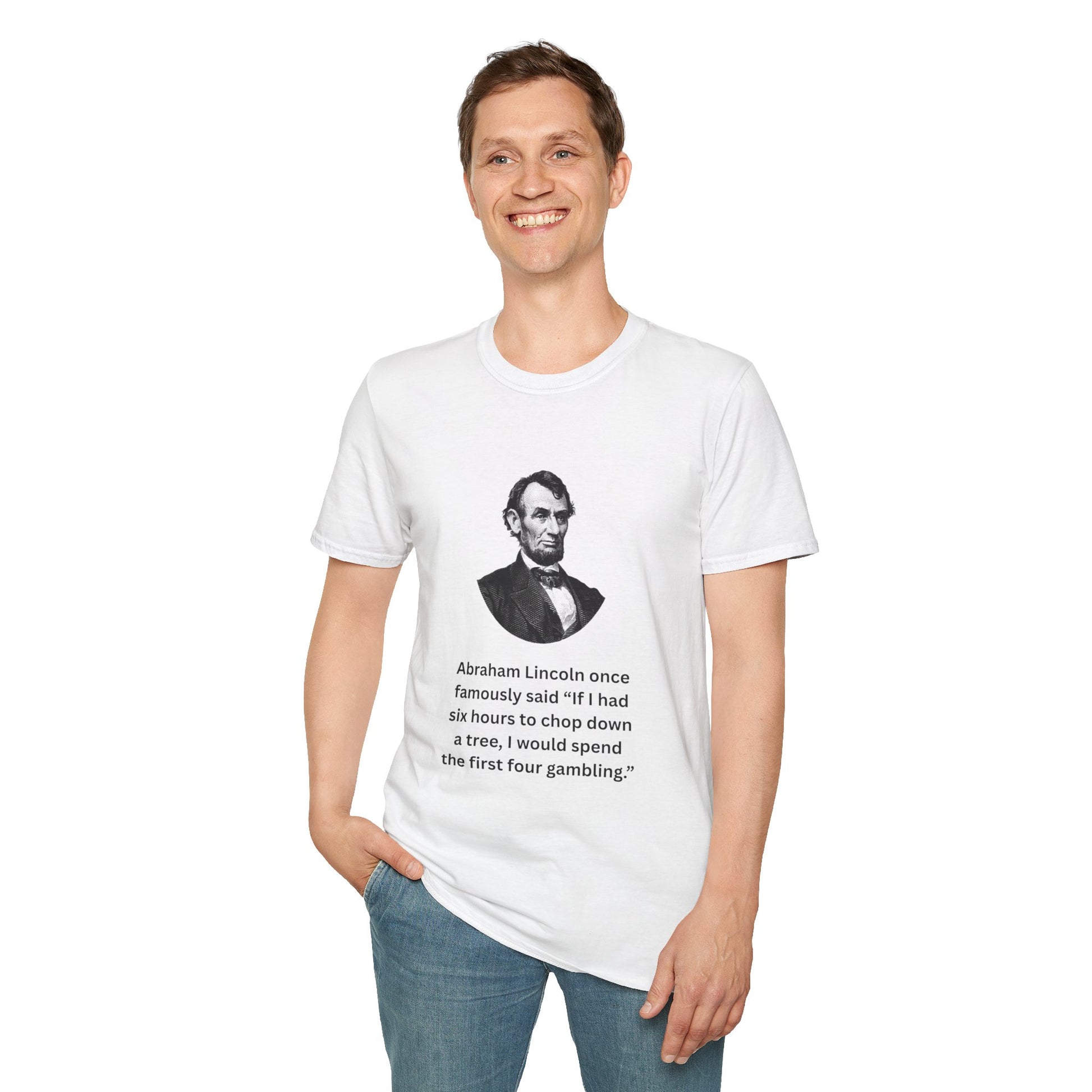Man wearing white novelty Lincoln t-shirt with funny historical quote
